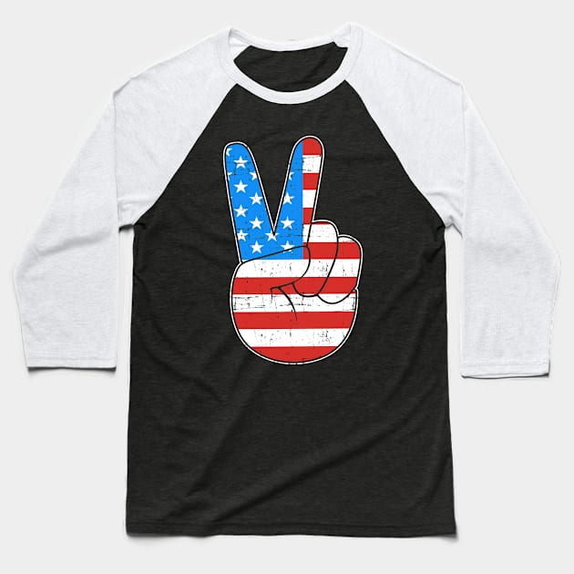 Peace hand sign with USA American flag for 4th of July Baseball T-Shirt by Designzz